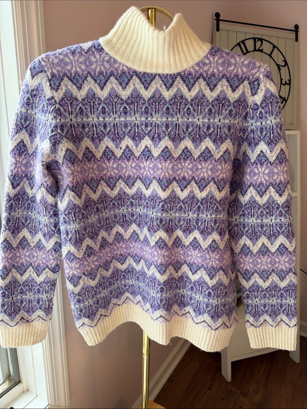 Talbots Cream & Lavender Fair Isle Turtleneck Sweater